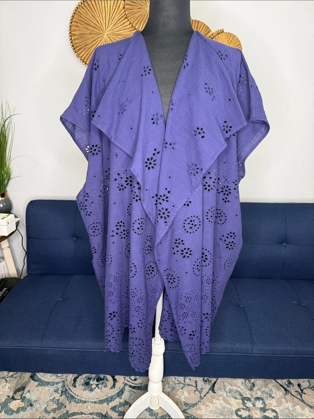 J. Crew Blue Purple 100% Organic Cotton Eyelet Open Front Coverup size M/L